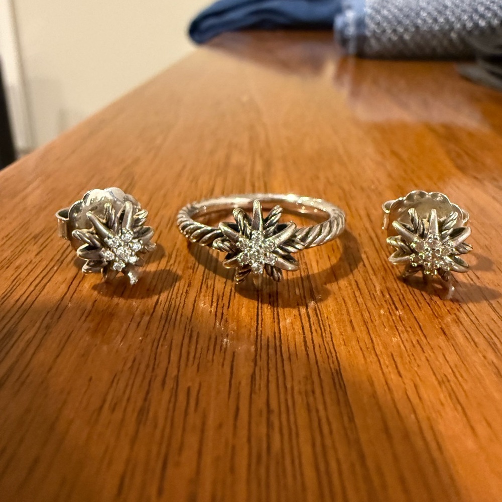 Vintage David Yurman Starburst Ring & Earrings (Sterling Silver & Diamonds)